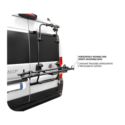 Porte-vélos arrière pour hayon Fabbri – Bici Ok Mtb Van Fiat Ducato, Citroën Jumper, Peugeot Boxer noir + rails 135 cm