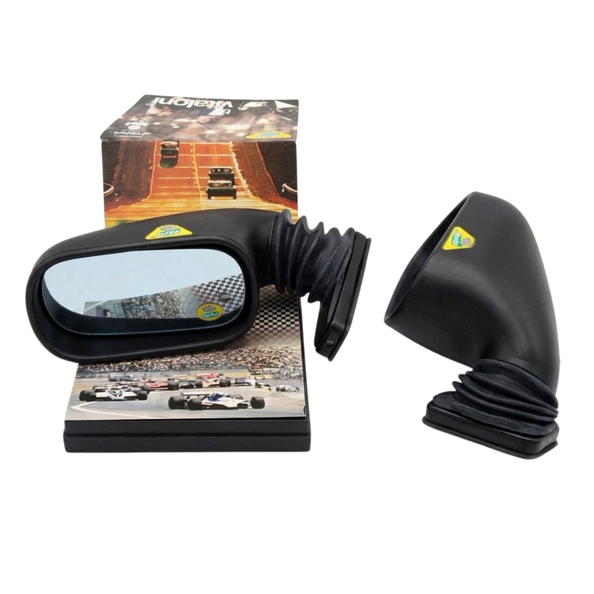 Specchietto retrovisore nero sinistro Vitaloni Racing con soffietto in gomma per auto d'epoca, codice 134.2.810