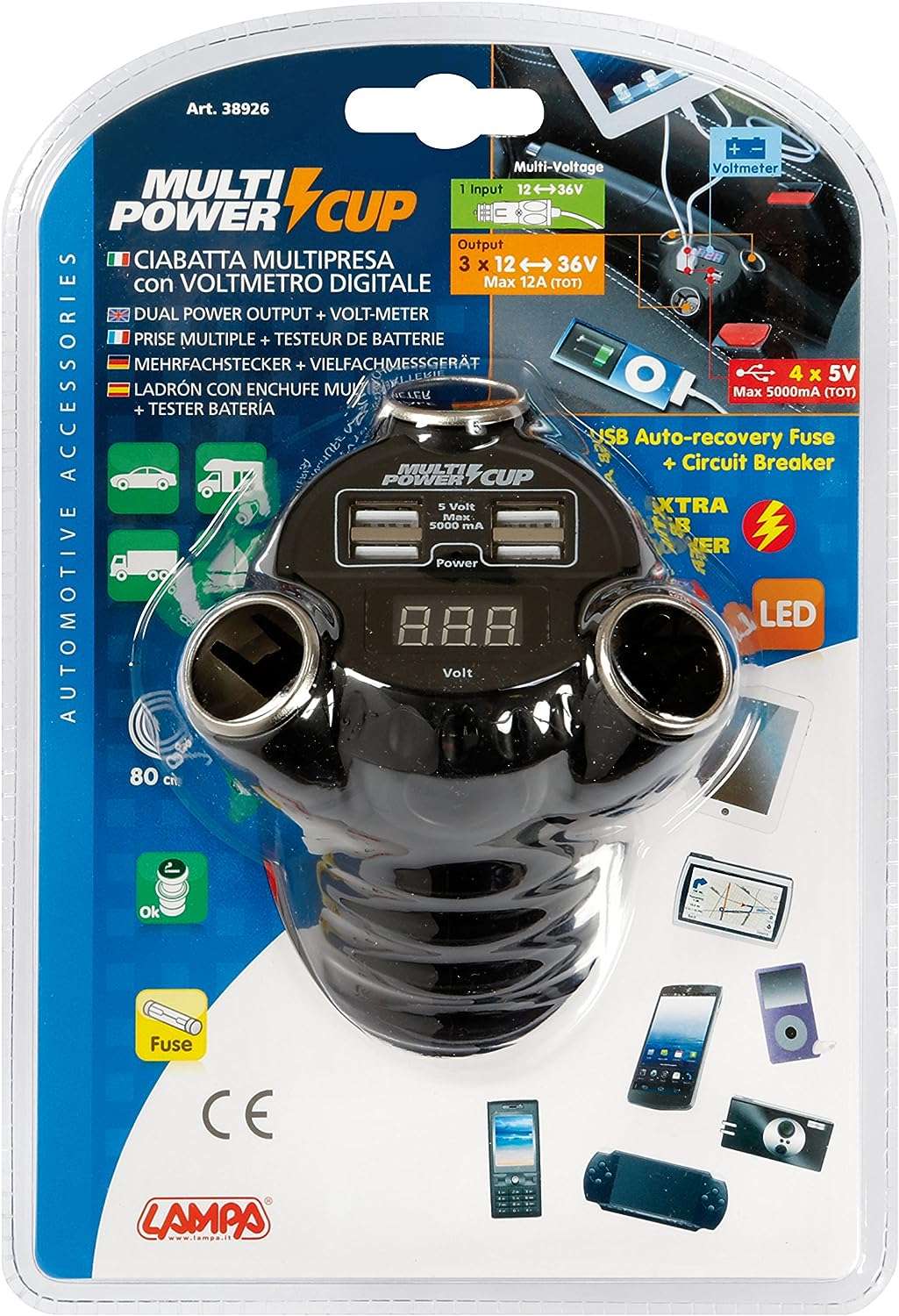 Multi-Power Cup, 3 prese accendisigari + 4 USB e voltmetro, 12/24/36V - immagine 2